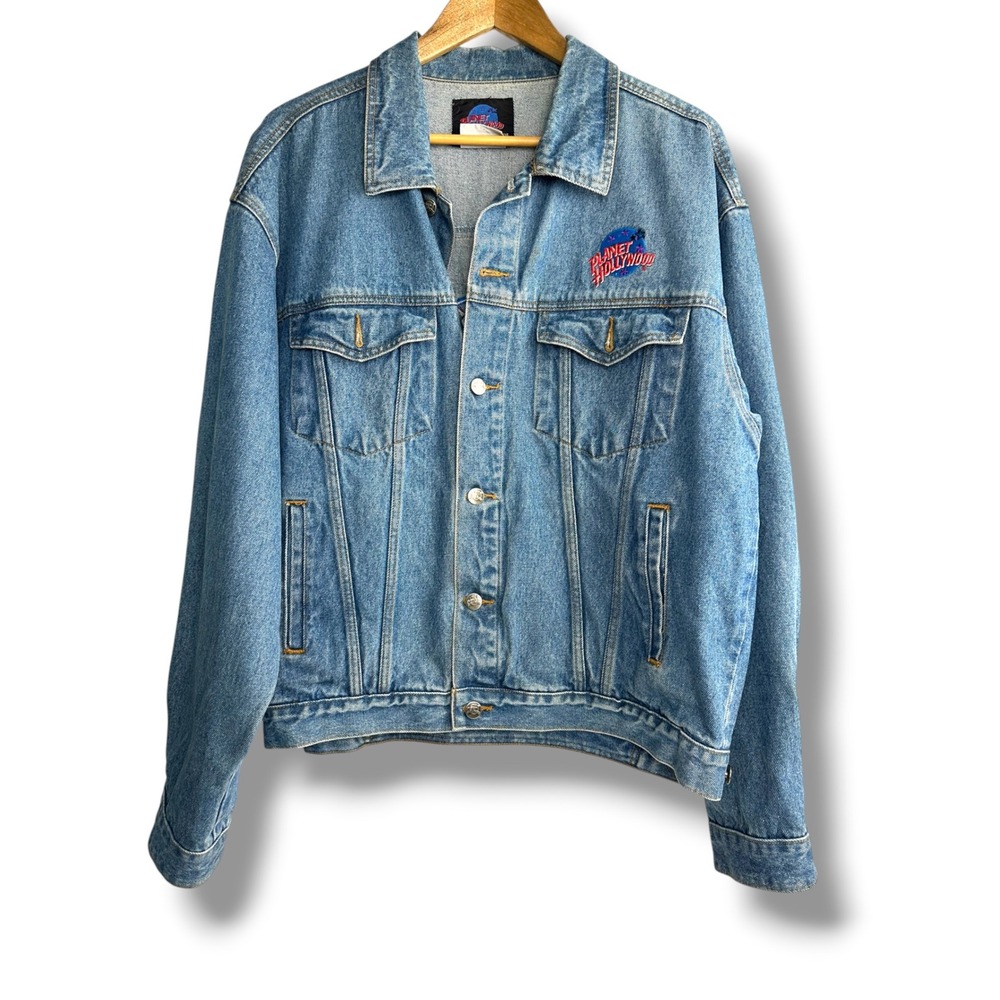 Vintage 1991 Planet Hollywood Maui Denim Jacket Blue Embroidered XL Mens 90s